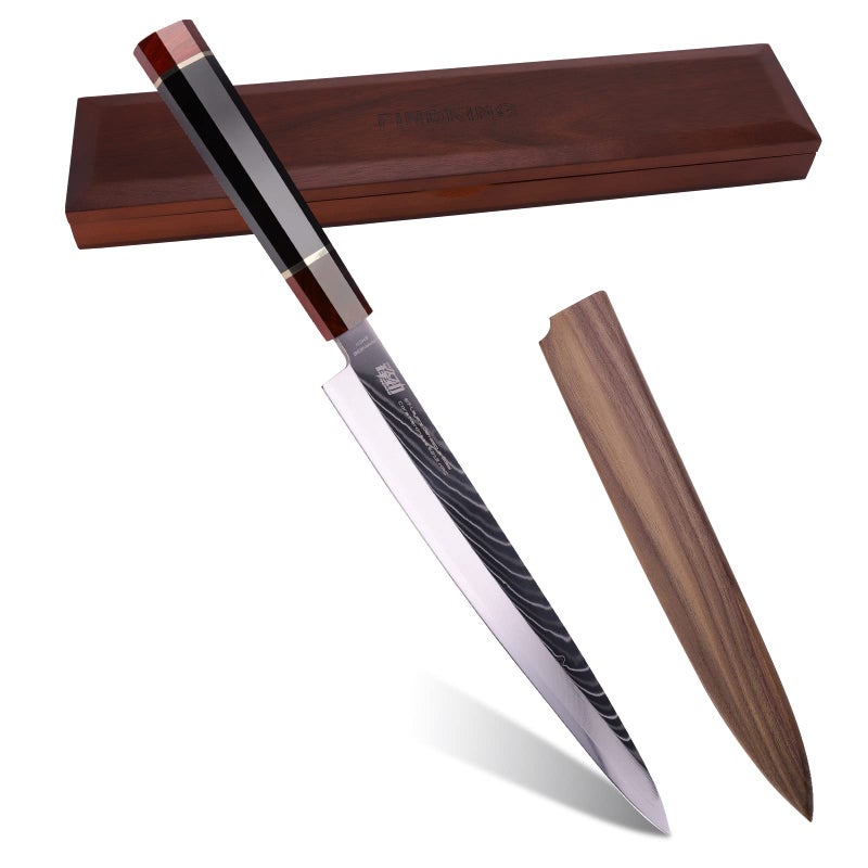FINDKING Prestige Series Yanagiba Knife with Walnut Cover, Japanese SKD11 Damascus Steel Blade, Ebony Wood Octagonal Handle, Professional Sashimi Sushi Fish Knife (10.5 Inches, with Wooden Gift Box) - Image 1